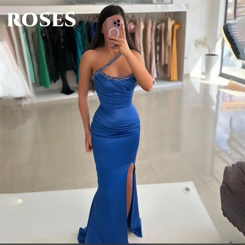 ROSES Simple Blue Evening Dress One Shoulder Mermaid Party Dress Sleeveless Vestido De Novia Sexy Side High Split Prom Dresses