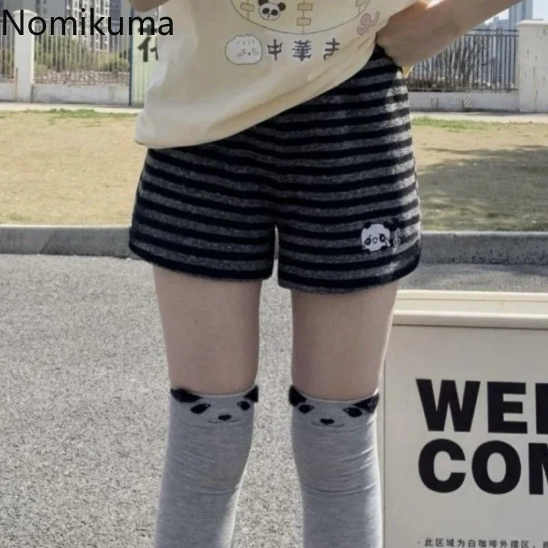 Japanese Shorts for Women Panda Embroidery Casual Pants Casual Fashion Striped Cute Summer Shorts Pantalones Cortos De Mujer