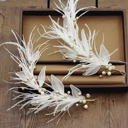 White Feather Tiara Headband Wedding Hair Accessories For Girl Women Crowns Fashion Pearl Tiaras Korona Branches Hair Ornaments