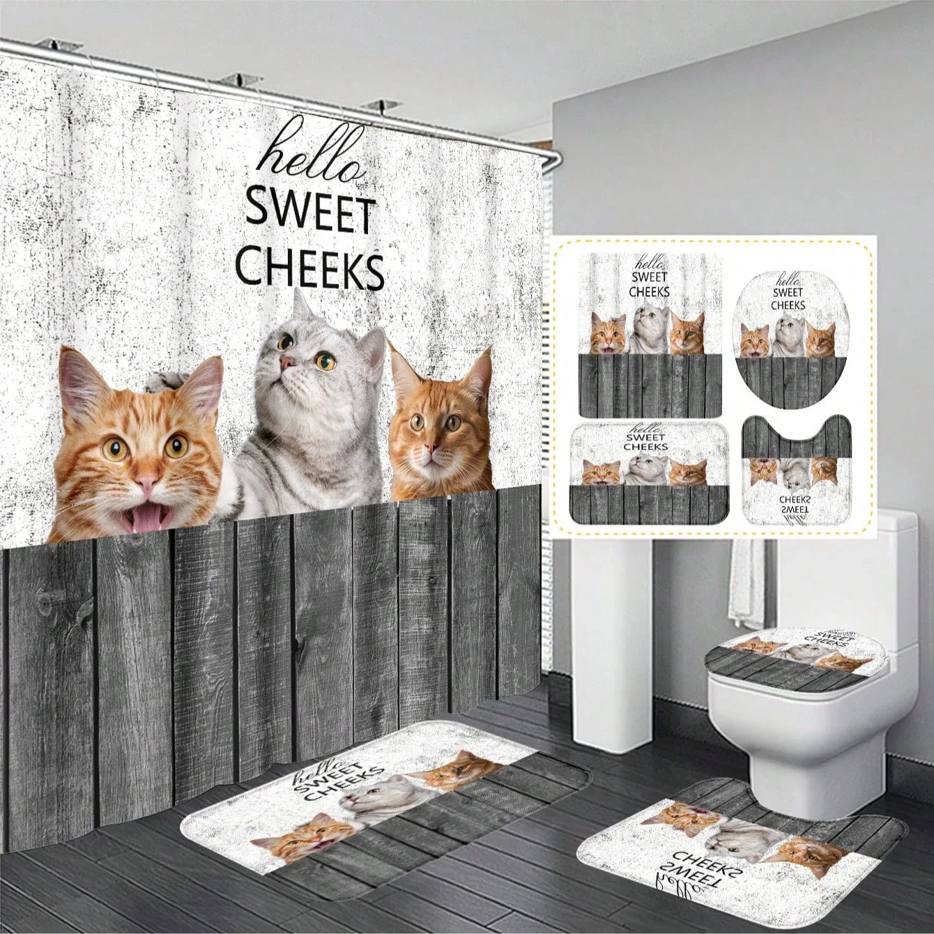 

4pcs Adorable Cats Bathroom Decor Set Including Waterproof Shower Curtain With12Hooks Anti-Slip Bath Mat U-Shaped Toilet Mat