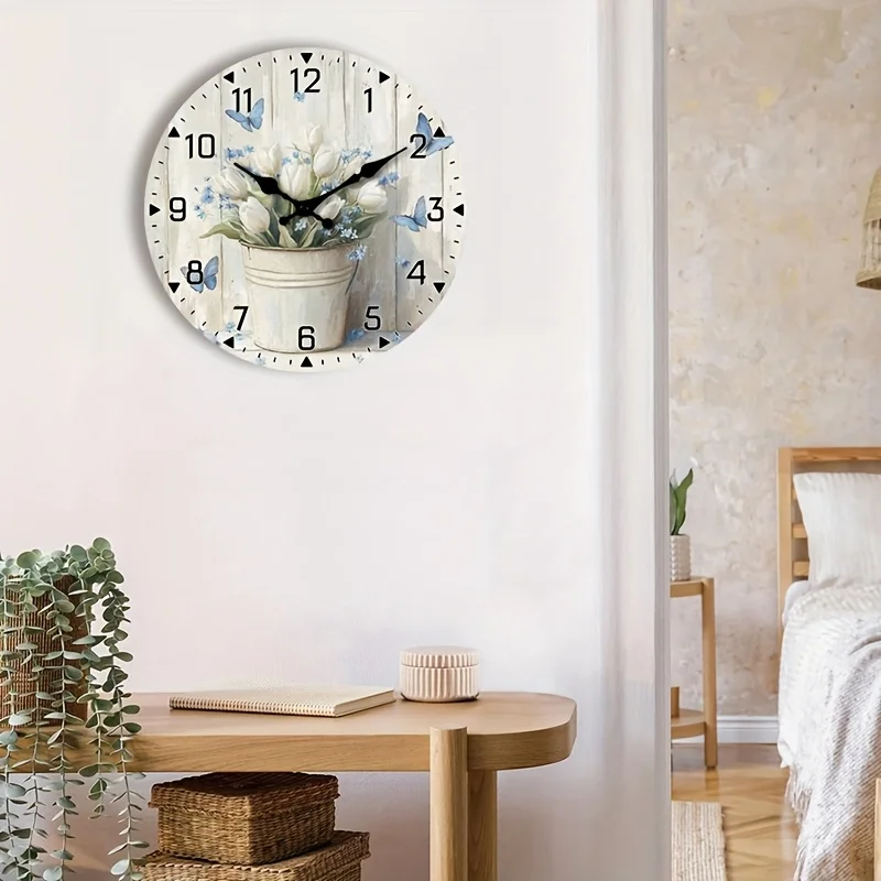 1pc Non-Ticking PVC Wall Clock Rustic Floral Tulip Butterfly Design, Circular Battery Operated (AA Not Included) for Kitchen
