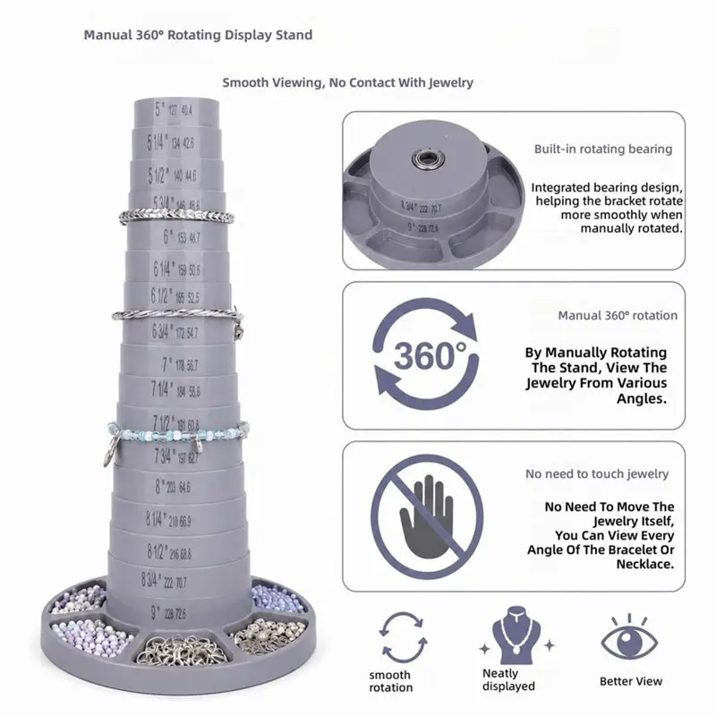 [ABFI!】 Tower Style Rotatable Segmented Bracelet Sizing Mandrel Markings 5 To 9 Inches, Includes 6 Compartment Storage Base