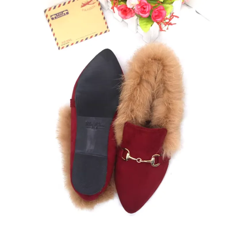 Women Winter Metal Chain Slip-On Grey Yellow Choice Short Plush Shoes For Big And Small Feet 32-45 21cm Warm Cute Fur Chaussure