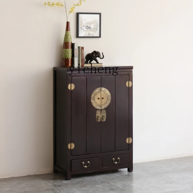 GZ-10 Solid Wood Shoe Cabinet Old Elm Wood Entryway Storage Cabinet Integrated Mortise and Tenon Furniture