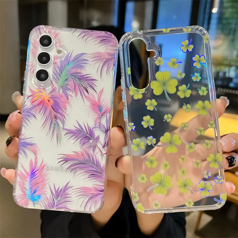 Glitter Laser Flower Hard PC Case For Samsung Galaxy S24 S23 FE S22 Plus Ultra A15 A55 A35 A54 A34 A24 A14 A53 A23 A13 A52 Cover