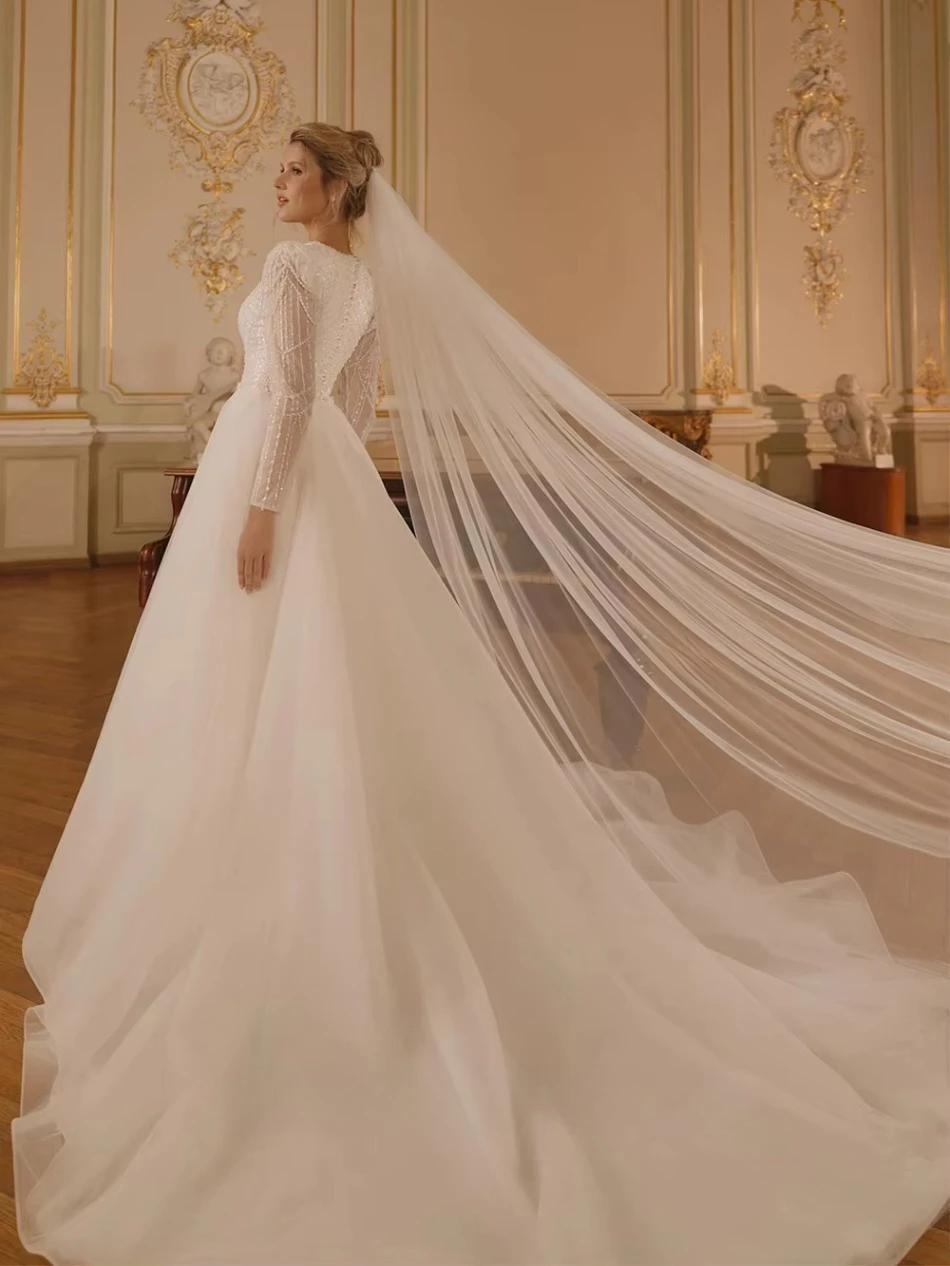 Sparkly Wedding Dress Long Sleeve Full Sequins Mermaid Bridal Gowns Round Neck Cathedral Veil Sweep Train Bride Vestido De Noiva