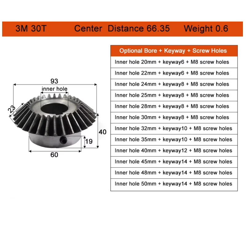 3M 30T 45# Steel Bevel Gear 90 Deg Conical Drive Bore20/22/24/25/28/30/32/35/40/45/48/50mm For Industrial Mixer Drive