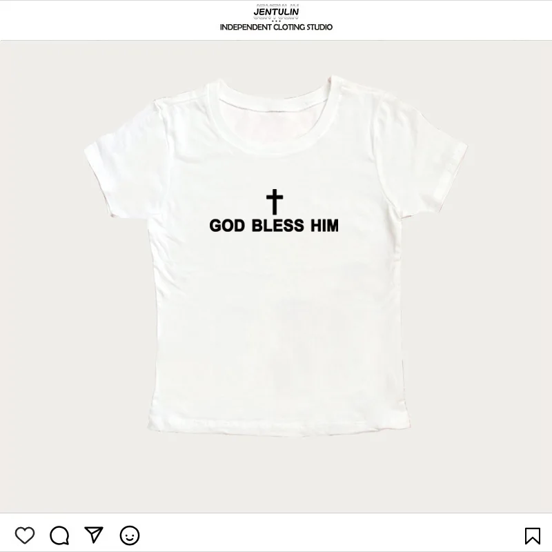 Women's Aesthetic Letter GOD BLESS HIM Punk Goth Tshirt Short Sleeve Crop Tops Harajuku Skinny Retro Female Street Baby Tees