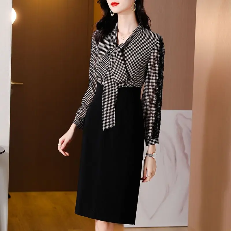 Spring/Summer Fashion Women's Dress Commuter Casual Spliced Scarf Collar Slim Fit Dress