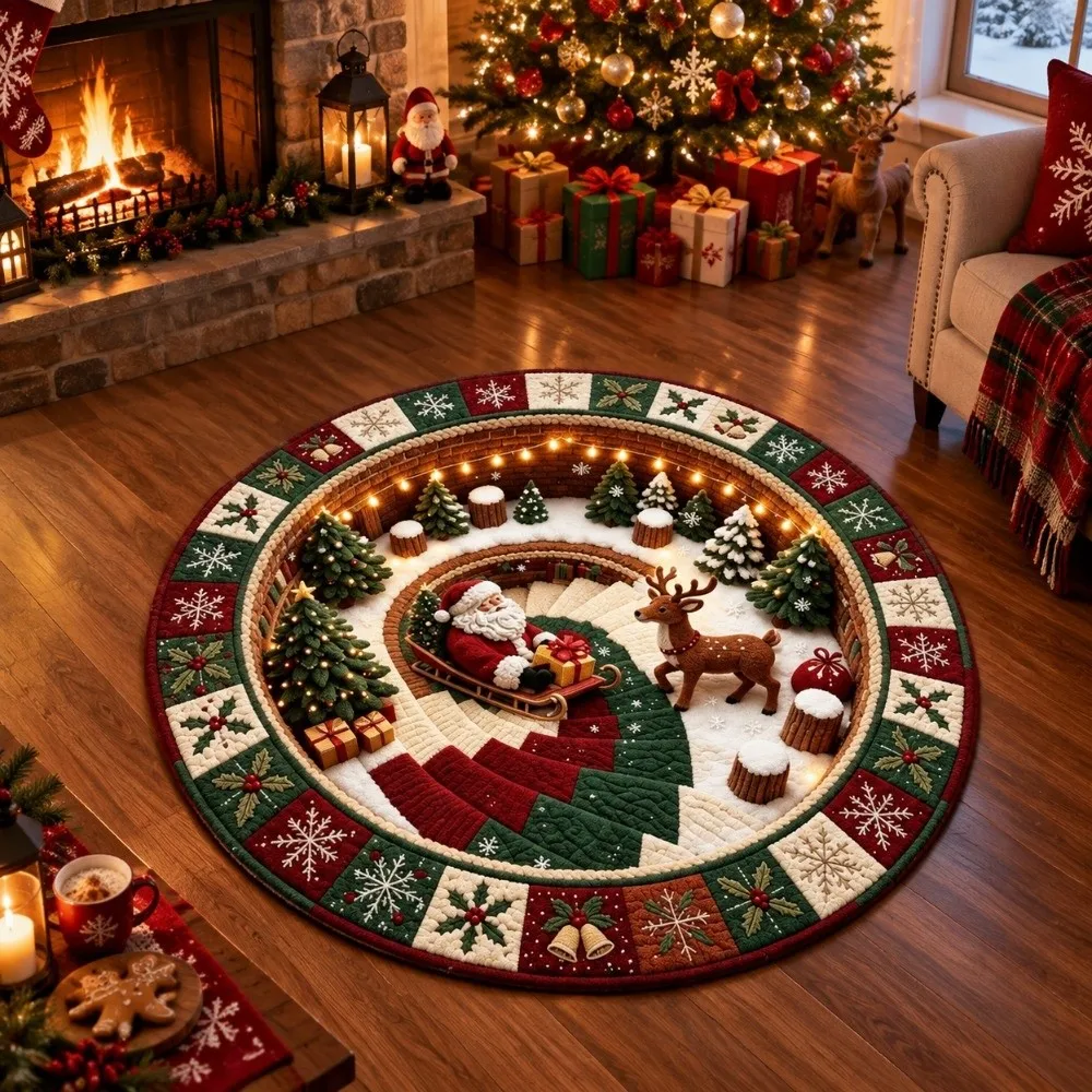 Cartoon Cute 2D Flat Printed Christmas Rug Non-Slip Santa Claus Christmas Doormat Floor Mat Velvet Round Vortex Carpet Indoor