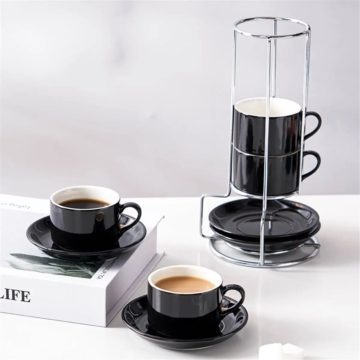 newA10R 3oz Porcelain Cappuccino Cups with Saucers and Metal Stand, Stackable Coffee Cups for Specialty Coffee Drinks Cups 4Pcs