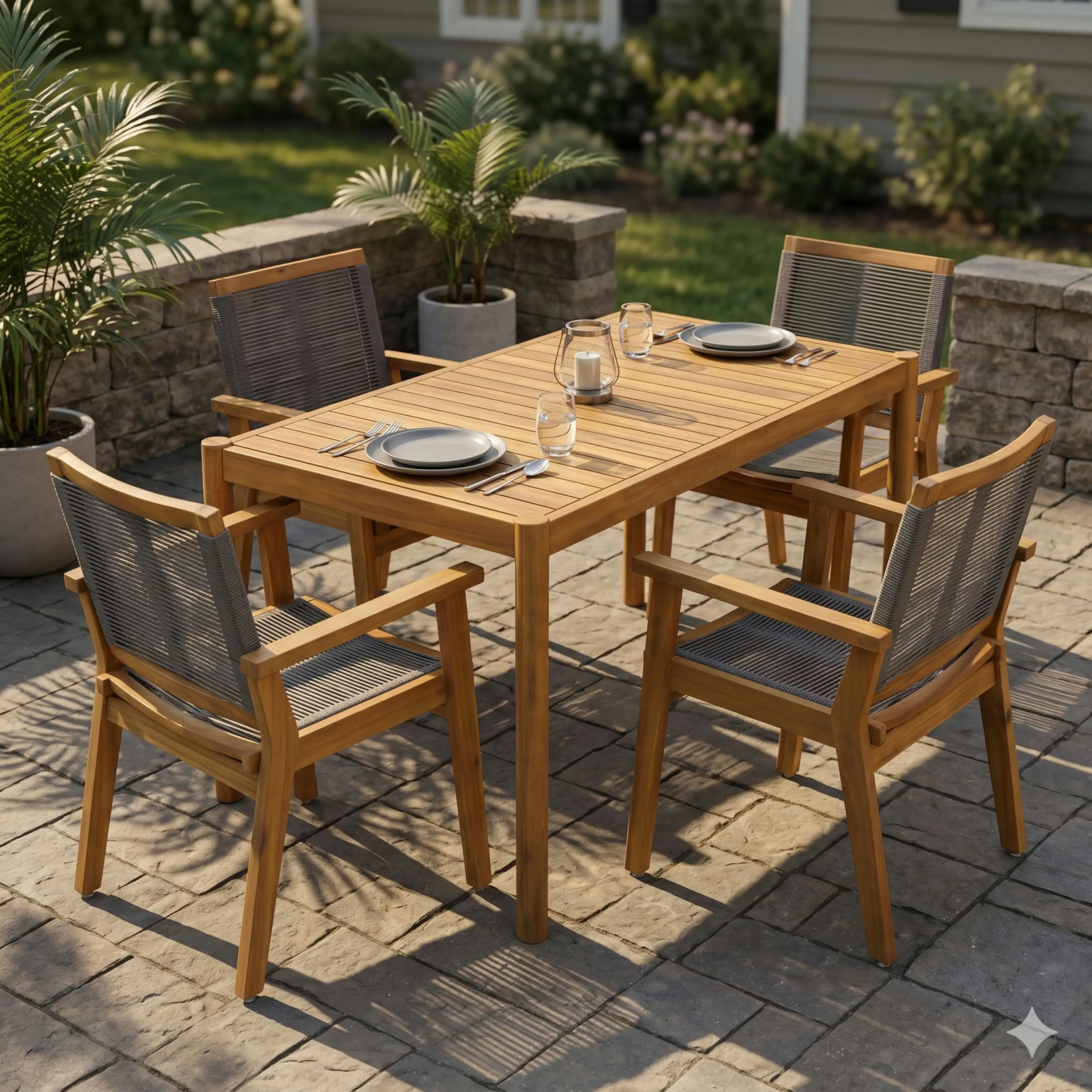 5‑Piece Outdoor Acacia Wood Patio Dining Furniture Set, 54.75 Inch Rectangular Table with Teak Finish, 4 PCS Dark Grey Rope Woven Armchairs for Backyard, Lawn, Deck