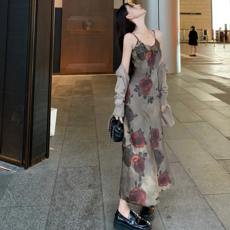 Summer Dress Women Floral Sleeveless Graceful Spaghetti Strap Ankle-length Loose Vintage Famous Lady High Street Versatile New