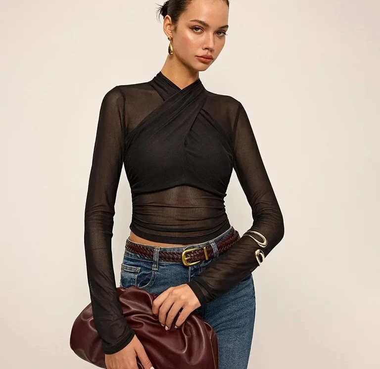 

Sexy Pure Color Mesh See-through Slim Fit Top for Women V-neck Full Sleeve T-shirt