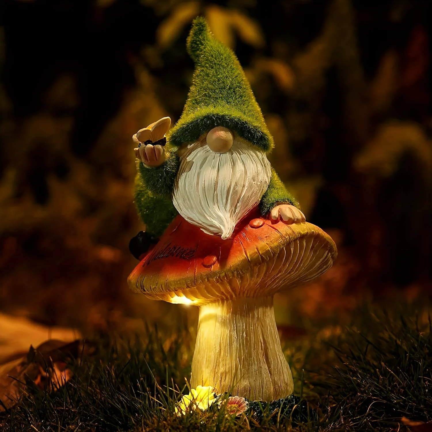 

Outdoor Solar Garden Statue Light, Garden Gnomes Statue with Solar Lights, Garden Resin Solar Flocked Gnome Mushroom Statue Deco