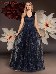 Lucyinlove Elegant V-Neck Blue Floral Evening Dresses Long Luxury Women Chiffon Sleevesless Wedding Party Cocktail Gowns