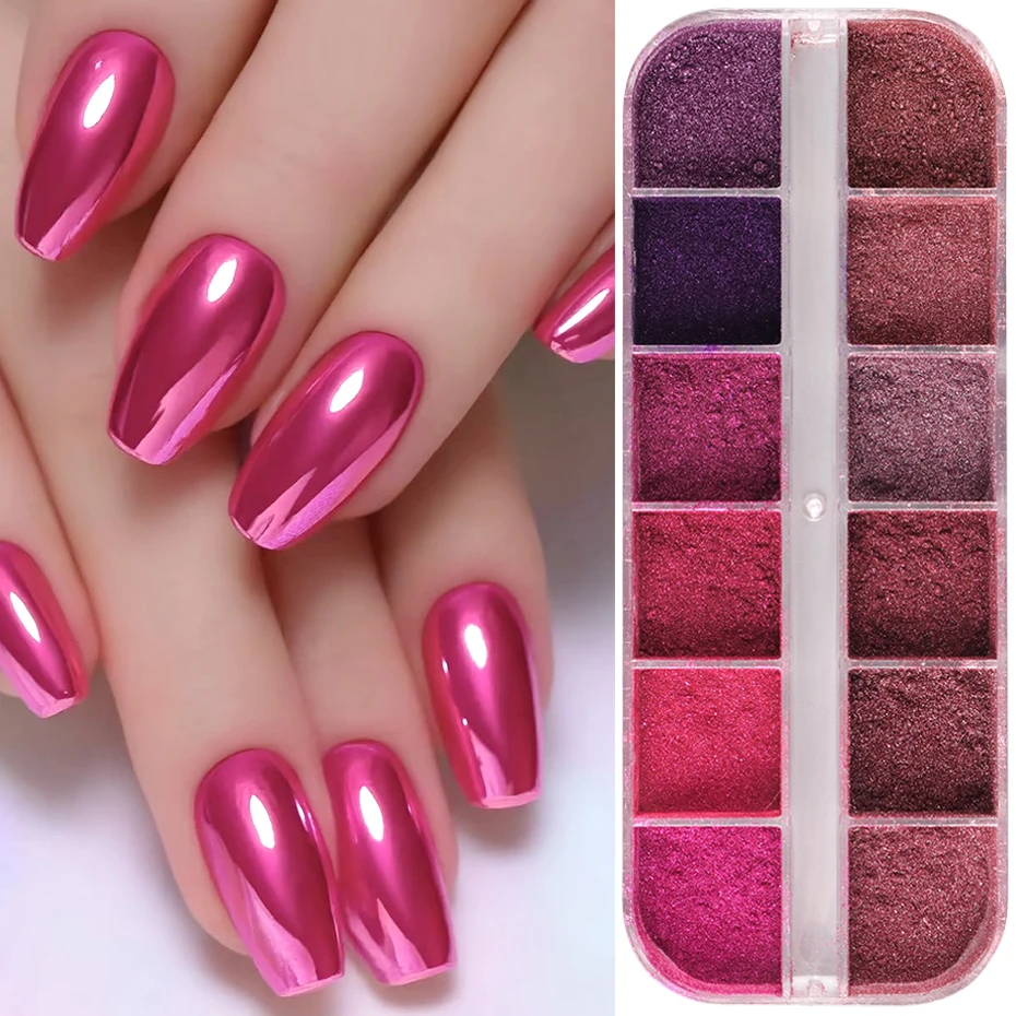 12 Grids Shimmering Rose Pink Mirror Chrome Powder Metallic Mirror Nail Glitter Pigment Rubbing On Nails Dust Y2K Style Decor