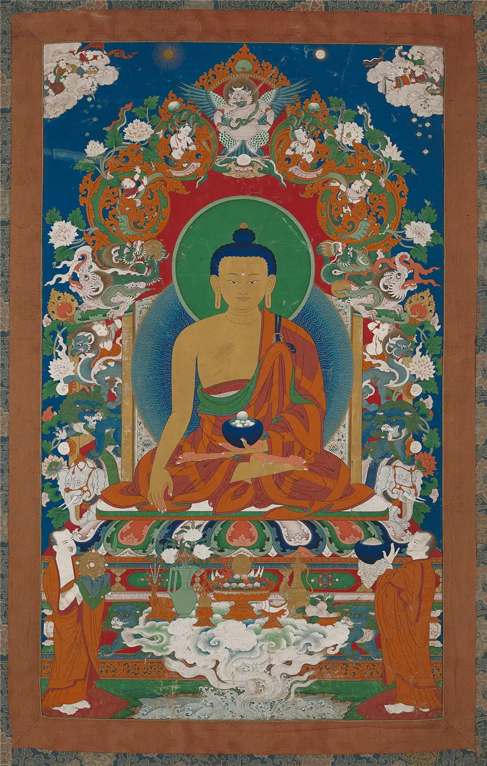 

Shakyamuni Thangka (18th Century Old Version),Gandhanra Tibetan Buddhist Thangka Art,Giclee Printed and Hand Framed,47" × 32"
