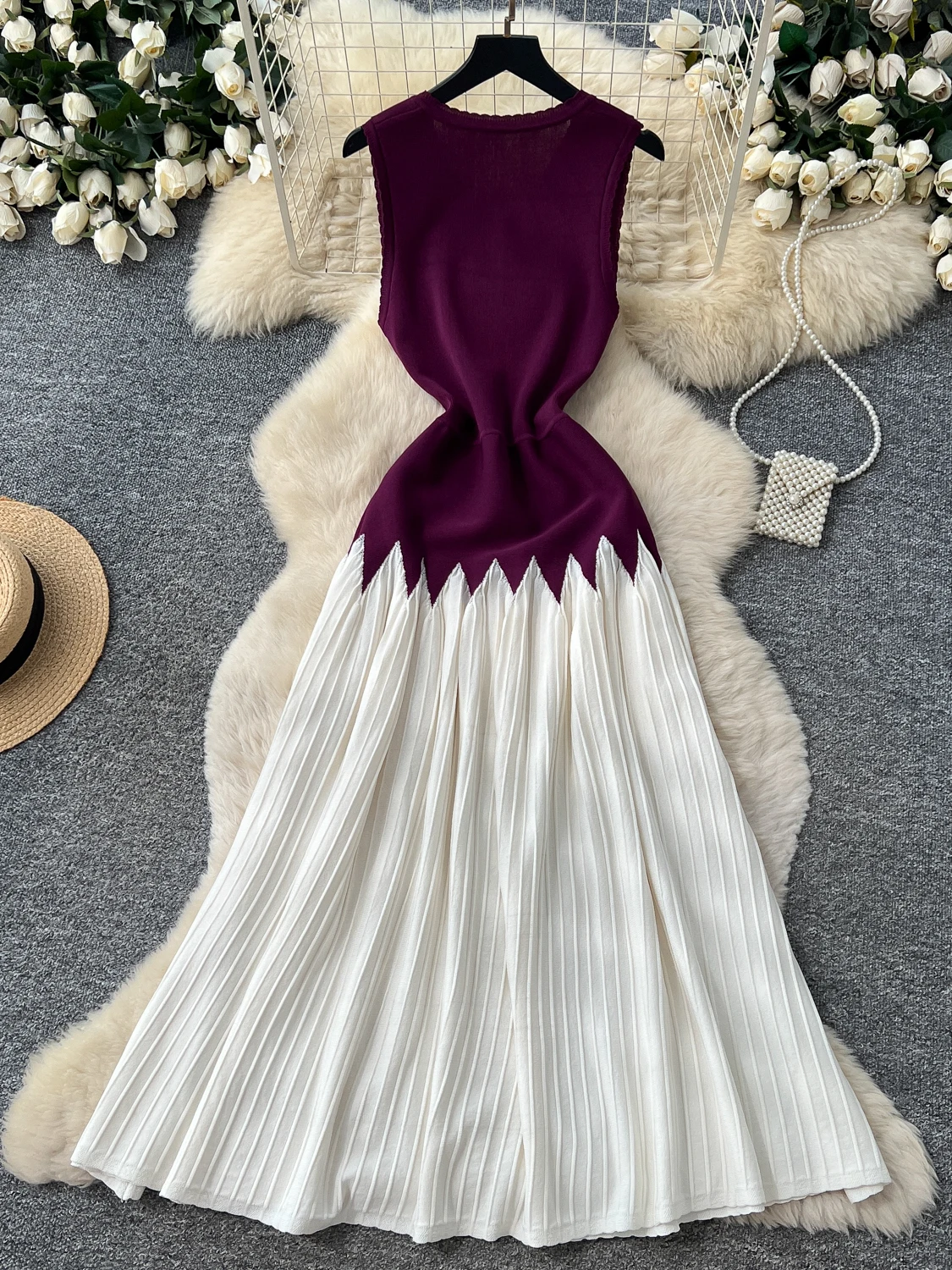 Color Block Sleeveless Women's Dress Elegant Slimming A-Line Long Dress for Commuting Autumn Fashion Gathered Waist Style