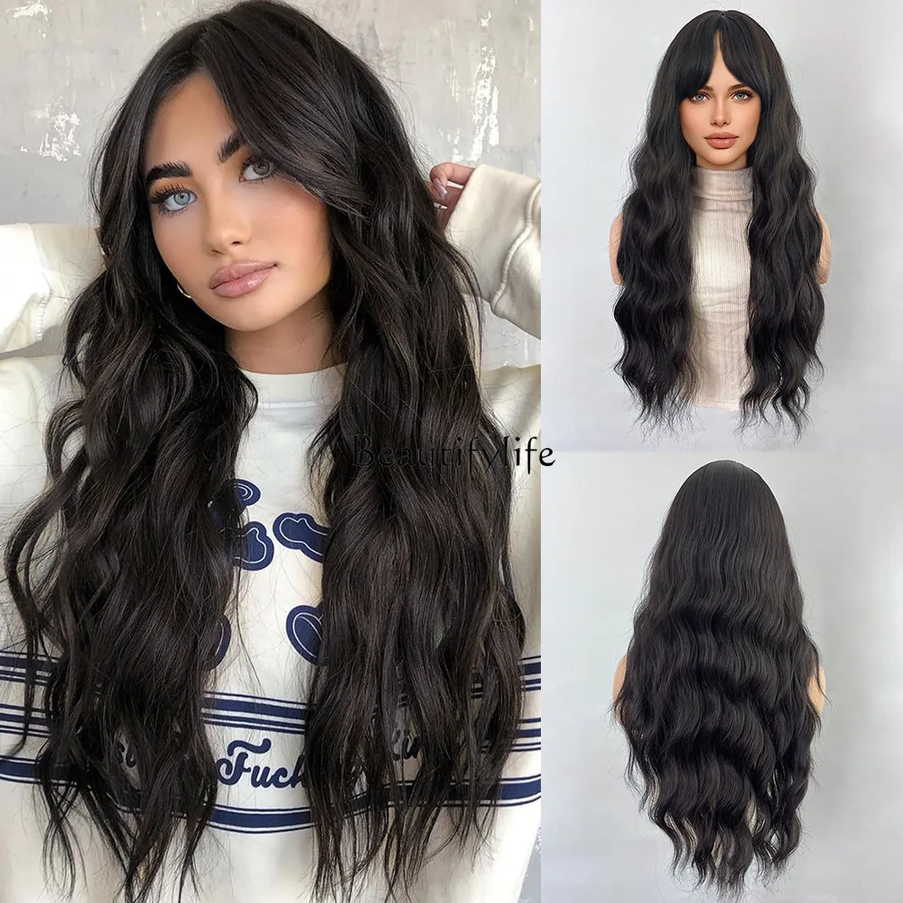 71.12 cm black brown long curly hair wig slanted bangs synthetic