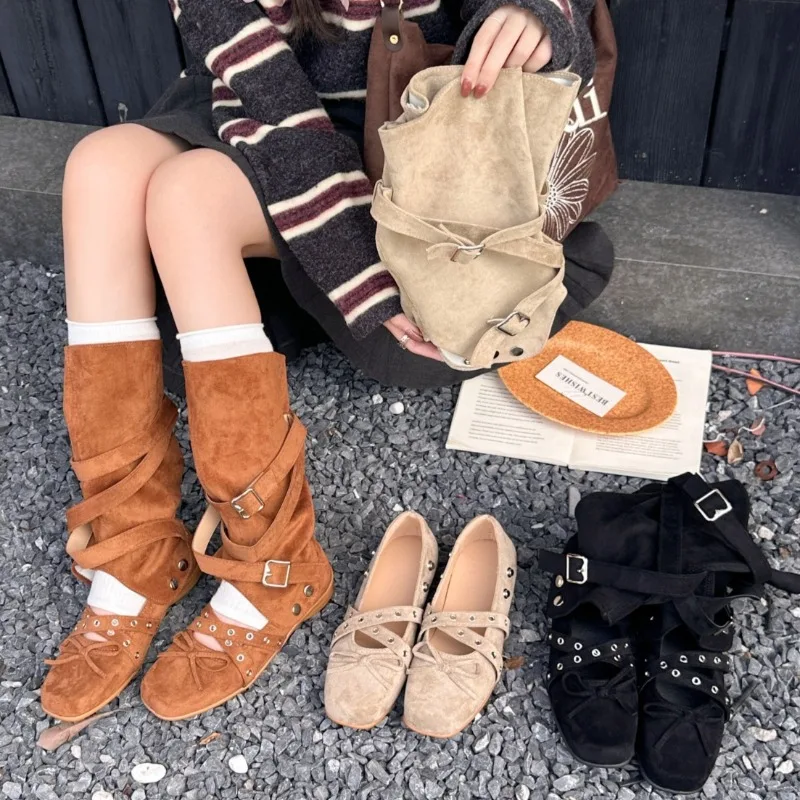 2026 New Retro Detachable Sleeve Belt Buckle Women's Mid Calf Boots Fashion Rivet Bow Decor Comfort Casual Boots for Women