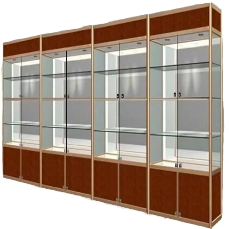for New Combination Gold Plus Red Wood Grain Aluminum Alloy Glass Product Display Case Sample Electronic Product Showcase