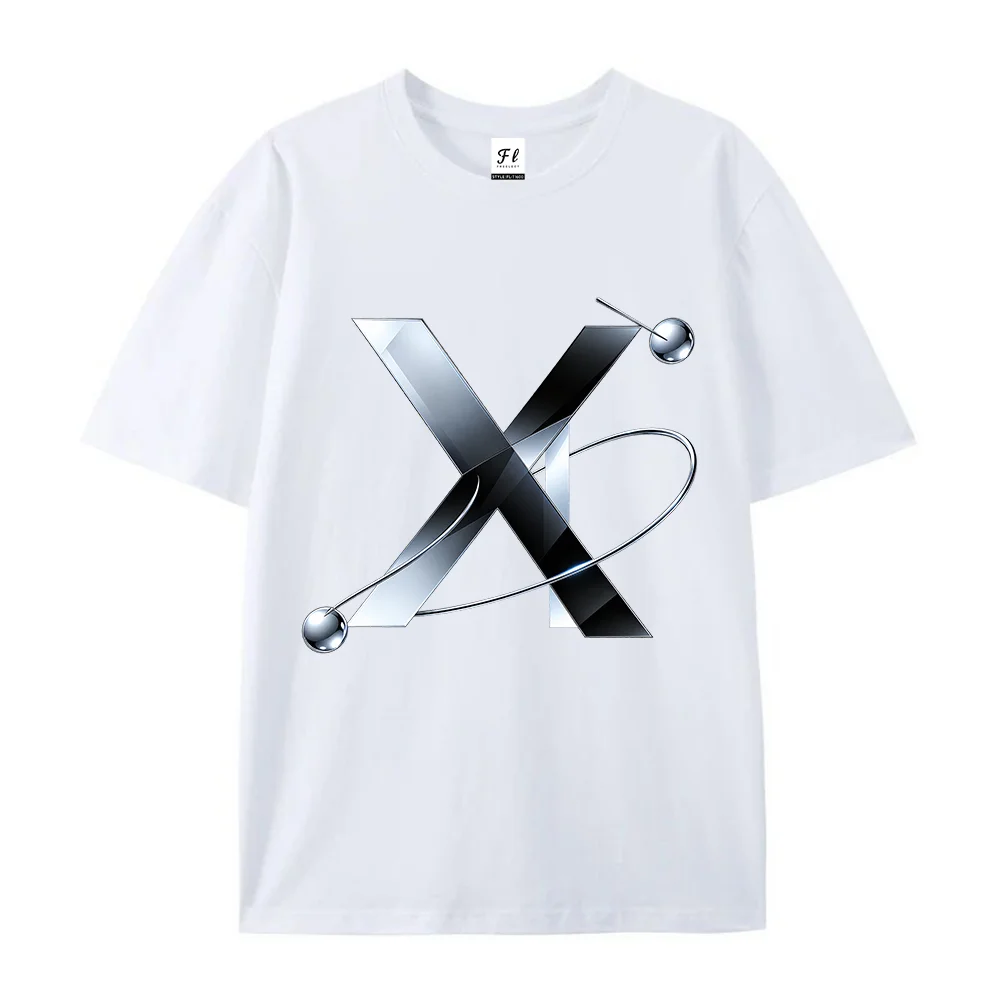 Futuristic X Letter Graphic T Shirt Metallic Orbit Design Casual Short Sleeve Crew Neck Unisex Streetwear Tee