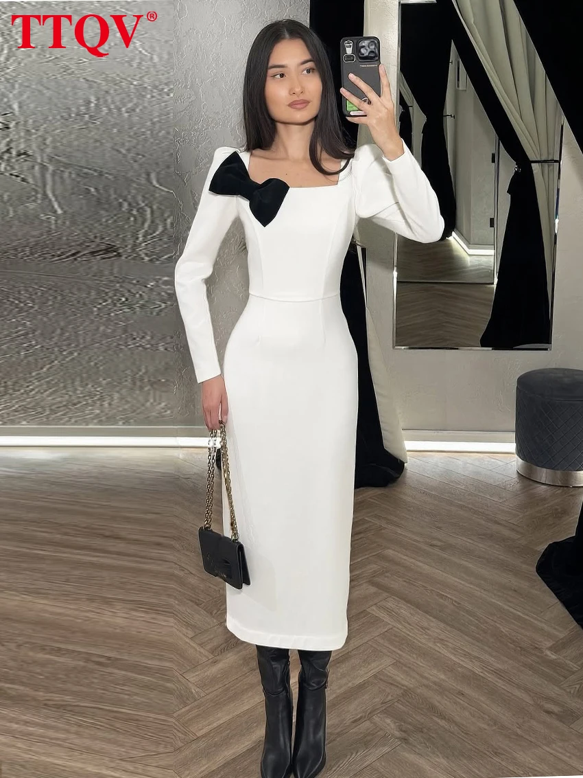 

TTQV Fashion Slim White Women's Dress 2026 Bodycon Square Collar Long Sleeve Midi Dresses Elegant Classic Solid Female Dress