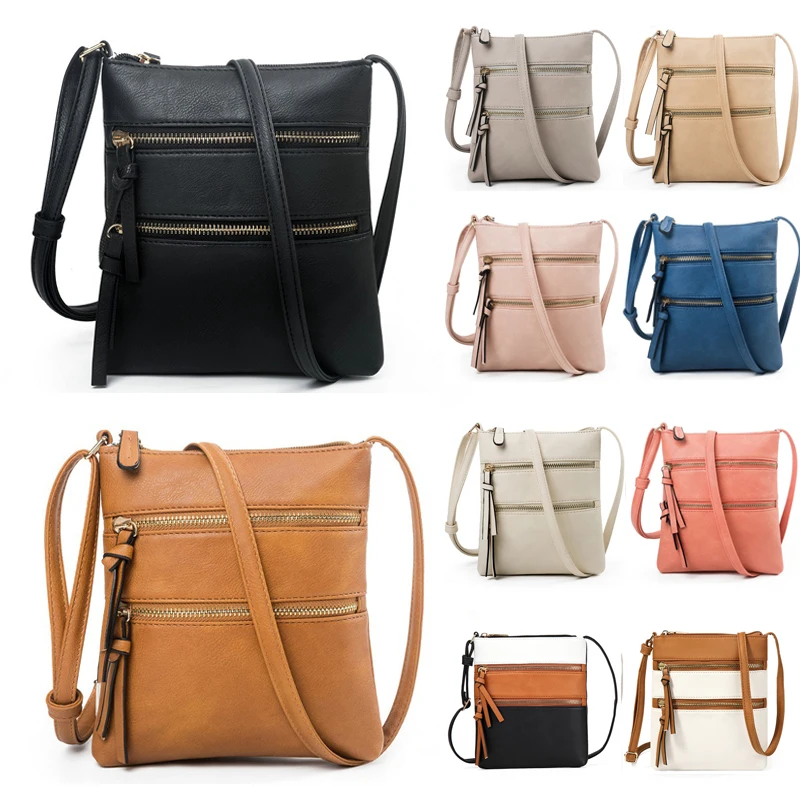 Ladies Crossbody PU Leather Leisure Pure Color Multifunctional Pocket Double Zipper Vertical Women's Bag Shoulder Bag