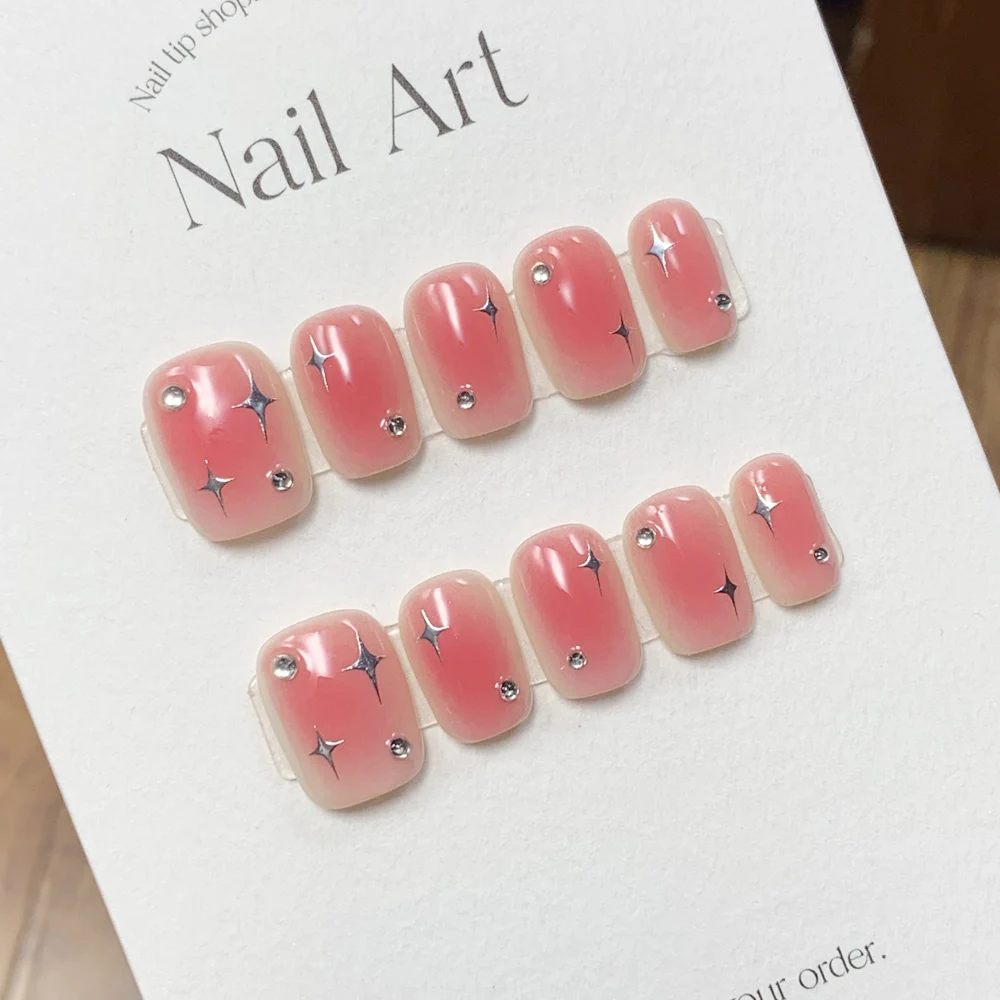 Handmade Short False Nails Press on With Design Korean Partysu Fake Fingernails with Glue Acrylic Nail Tips Nail Art for Girl