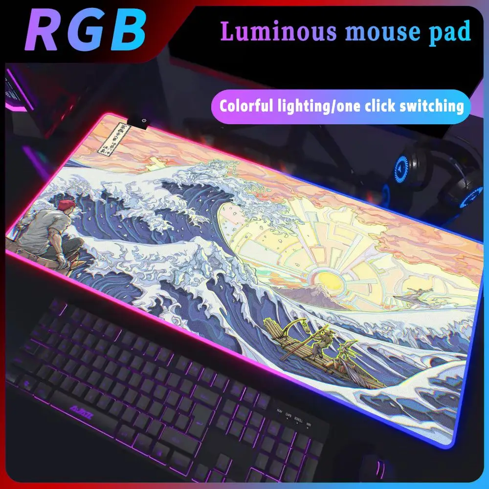 Rgb Kanagawa wave Mouse Pad Deskmat Keyboard Pc Complete Rug Office Xxl Great Wave Off Art Back Light HD printing Gamer Tablemat