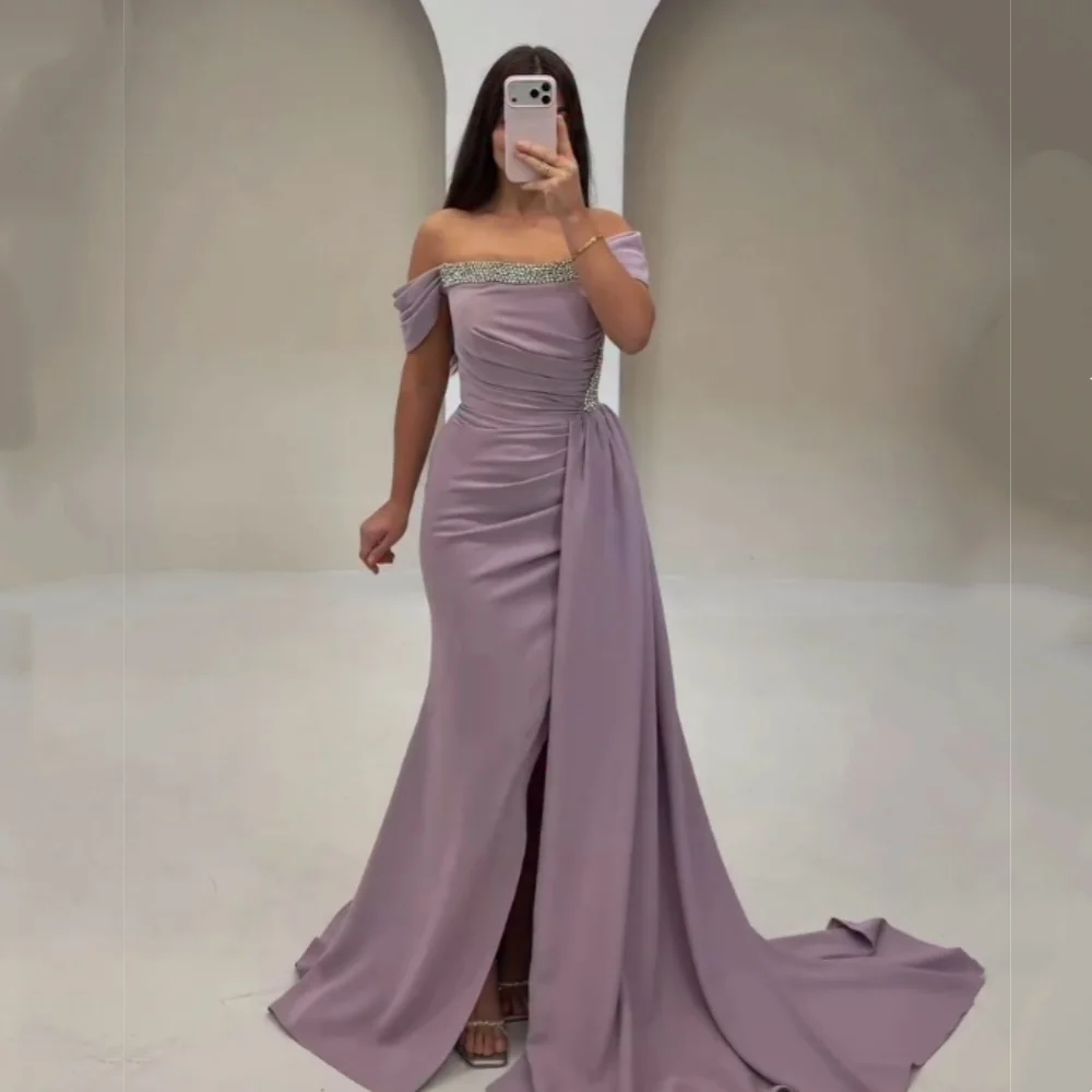 Customized Jersey Rhinestone Pleat Off-the-shoulder Trumpet Long Dresses Bespoke Occasion Elegant Party Wedding Formal Evening