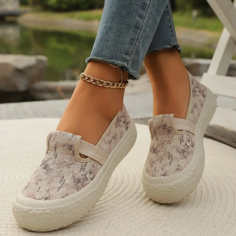 2024 Spring Autumn Solid Color Elegant Shallow Mouth Breathable Canvas Flat Shoes New Round Toe Comfortable Casual Women's Shoes