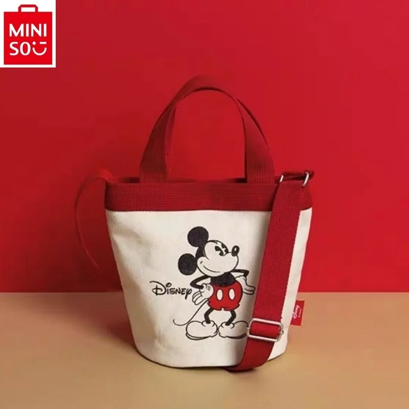 MINISO Disney Cute Mickey Cartoon Canvas Mickey Bucket Bag Women\'s Fashion Versatile Handbag