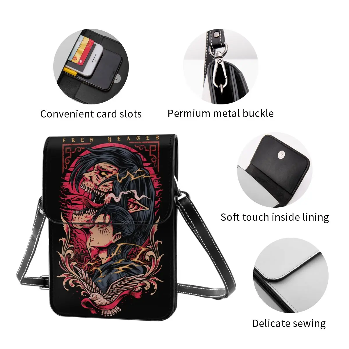 Cartera cruzada de Anime Attack On Titan, bolso de hombro para teléfono móvil, monedero con correa ajustable