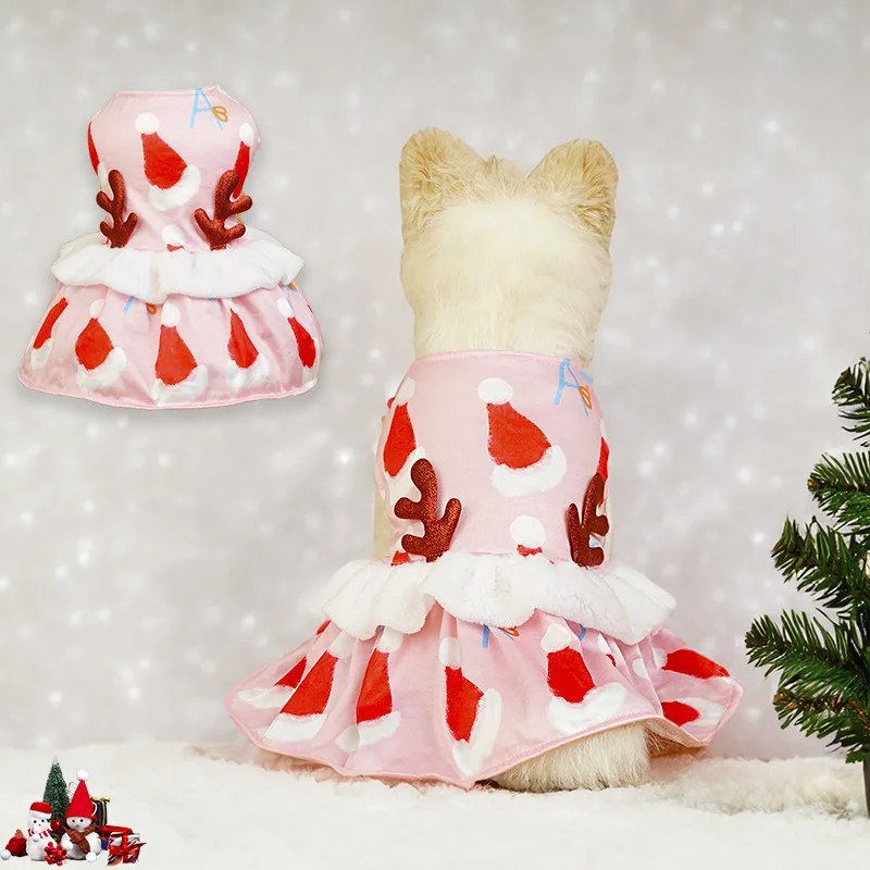 Rosa Weihnachts-Hundekleid mit Weihnachtsmütze und Geweih-Aufdruck, festliches Haustier-Outfit für kleine und mittelgroße Hunde