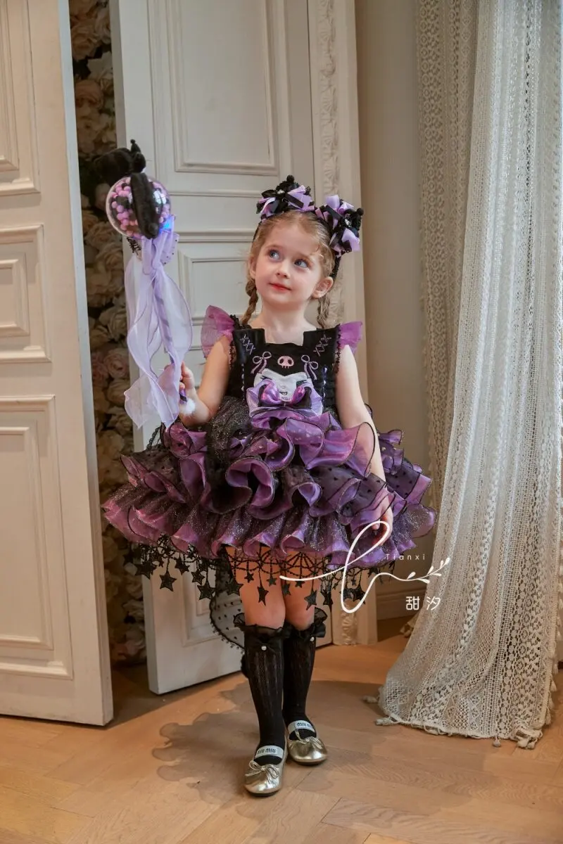Ärmelloses Gothic-Lolita-Tutu-Kleid für Mädchen, schwarz-lila, mit Rüschen, Schleife, mehrlagigem Tüll, als Kuchenkleid, für Kinder, Halloween, Prinzessinnen-Party, Kostüm. – Detail 10
