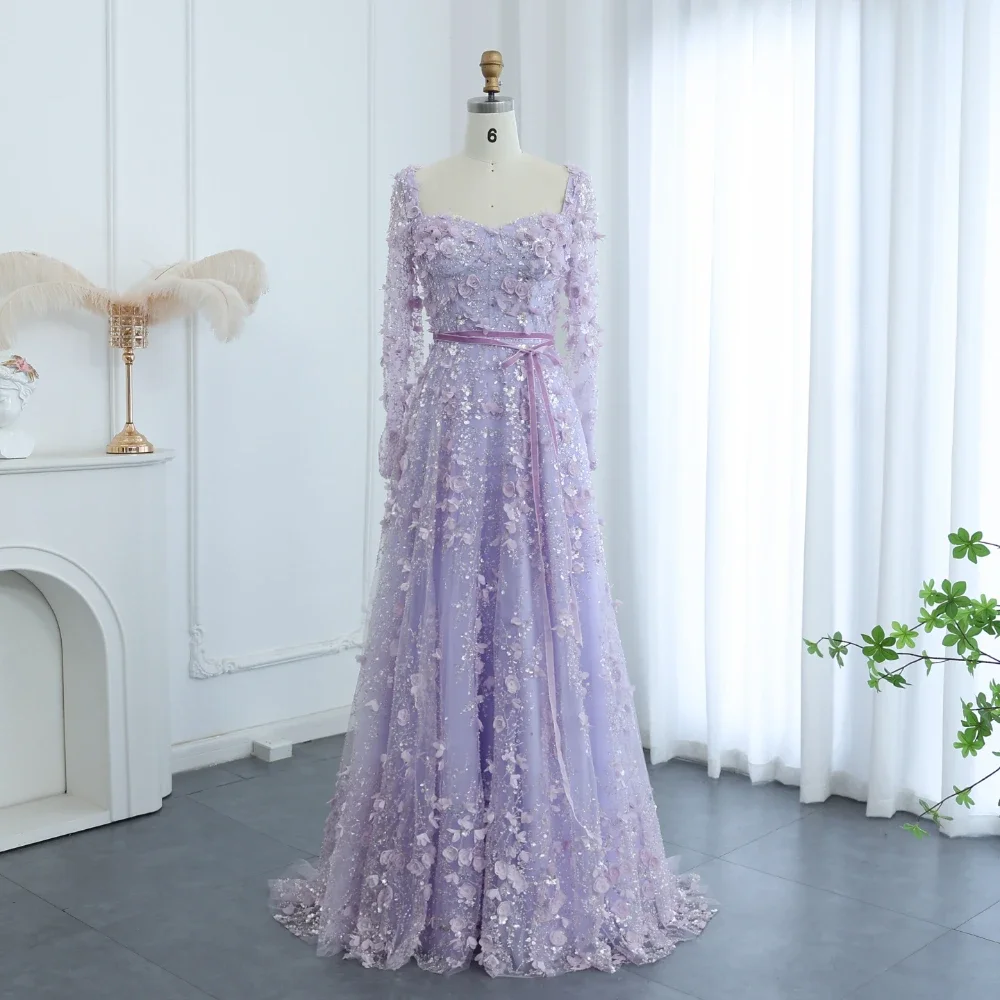 Elegant Square Collar Long Sleeves Flowers Evening Dress Exquisite Sequined Floor Length A-Line Party Gowns Fashion Prom Dress