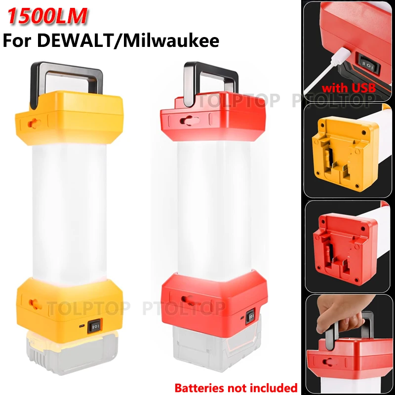 1500LM LED Camping Lantern for DEWALT/Milwaukee 18V 20V Li-ion Battery Portable LED Work Light with USB for Workshop Emergencies