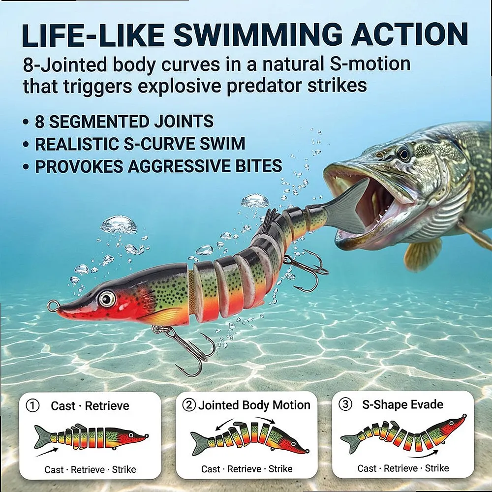 Multi Jointed Pike Swimbait 8 Segments Sinking Hard Bait 3/5/10 Pack Rattle 3D Eyes for Walleye Bass in River Current