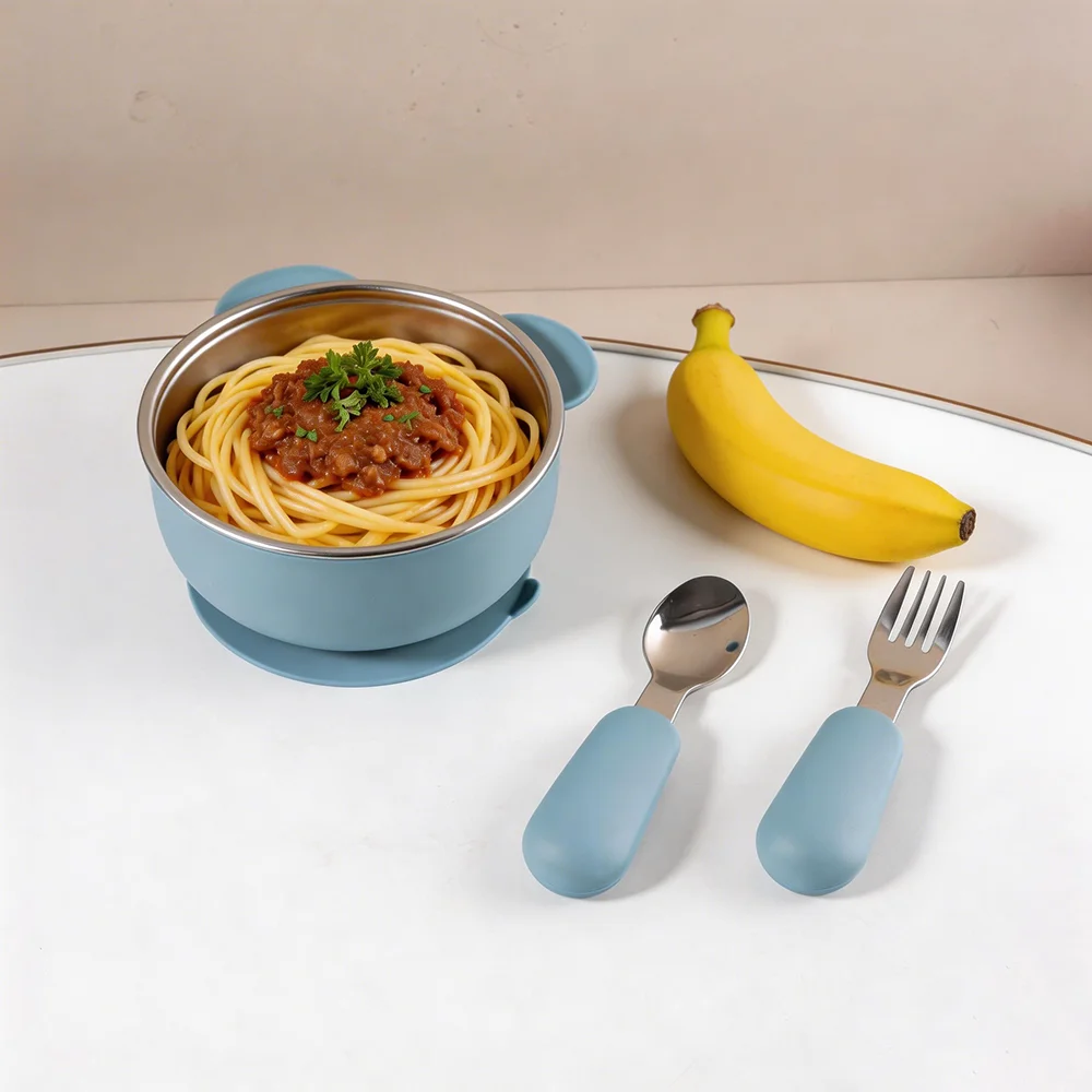 

400ml Bear Shape Baby Suction Bowl with spoon and fork set Silicone + Stainless Steel, Non-Slip Toddler Feeding Bowl tableware