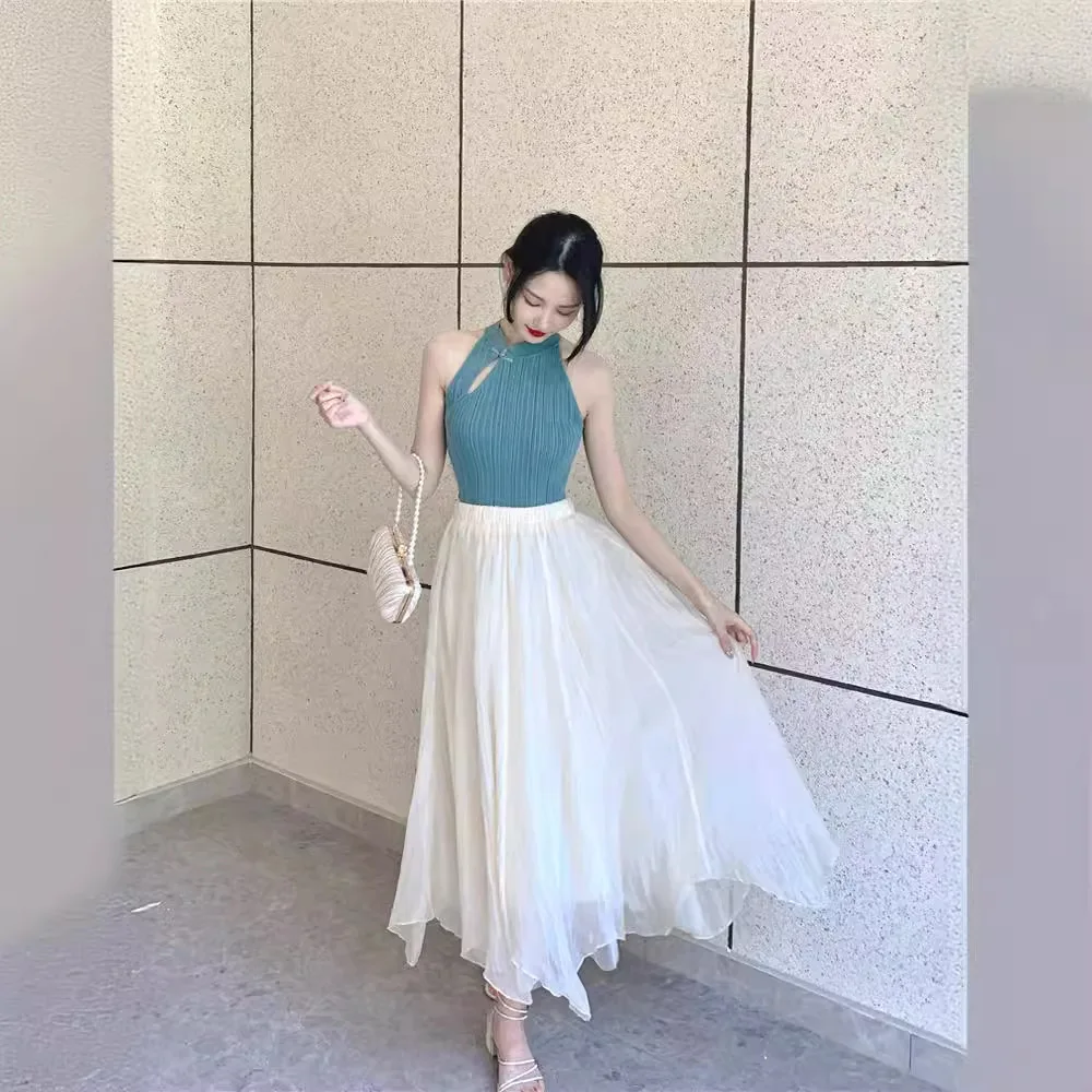 

6438 Элегантный летний новый жилет Cheongsam на пуговицах в китайском стиле 2024, облегающий жилет с лямкой на шее для похудения