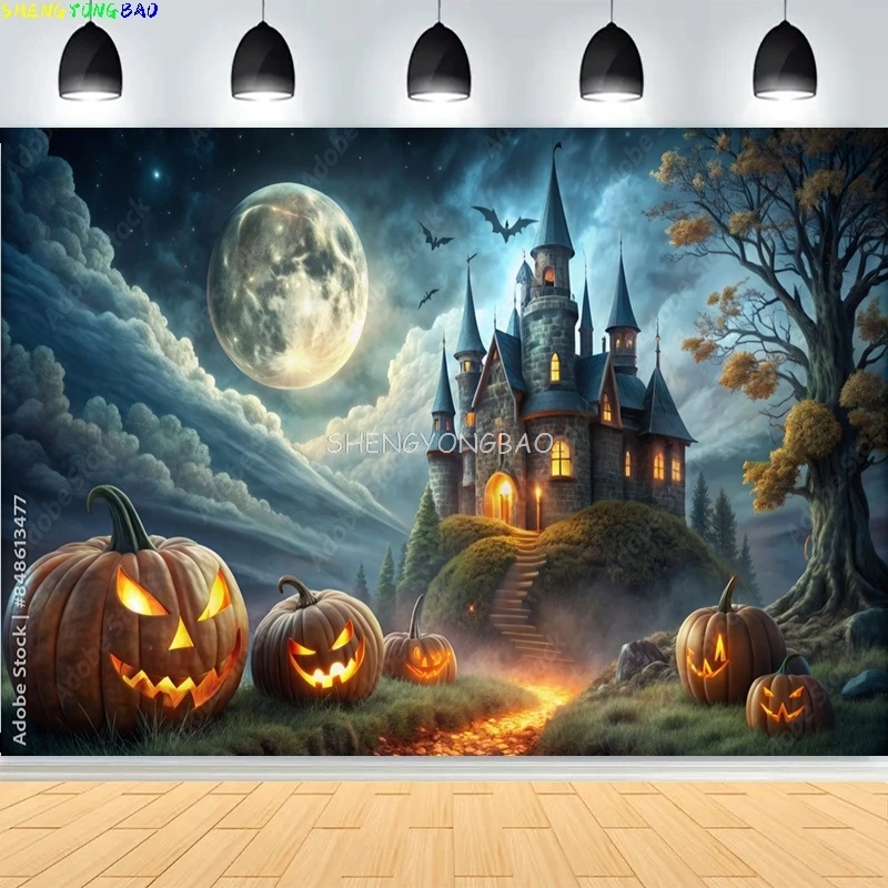 هالوين يوم القلعة مقبرة الرعب مقبرة مظلمة المشهد خلفيات للتصوير الفوتوغرافي القرع القمر استوديو الصور خلفية KB-05