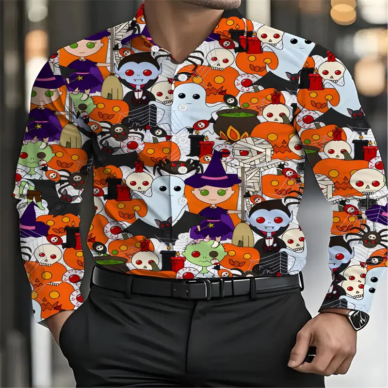 Halloween Pumpkin Print Long Sleeve Shirt Casual Urban Street Single Breasted Shirt Halloween Fashion Men's Shirt