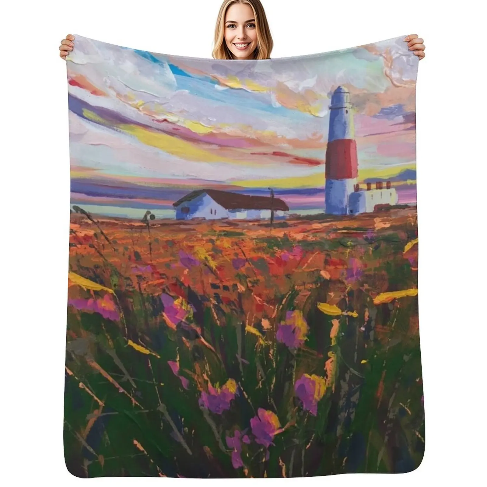 

Colorful, impressionistic Portland Bill Lighthouse Throw Blanket Softest Luxury Throw Retros Luxury Blanket