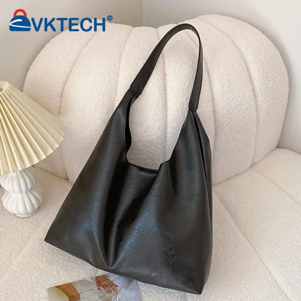 PU Soft Leather Tote Bag Large Capacity Women Vegan Leather Slouch Bag Hasp Closure Big Shoulder Bag Casual Style Commuting Bag