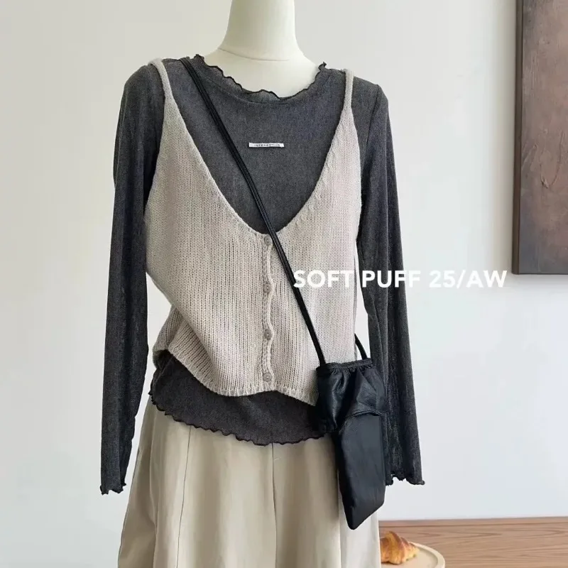Autumn Niche Design Top Fungus Hem Bottoming Shirt Knitted Camisole Two-piece Set