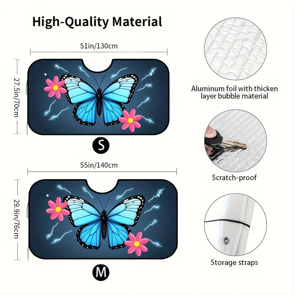 1pc Foldable Blue Butterfly Sun Shade With Floral Lightning Bolt Design - Heat Reduction Polyester Visor For SUVs, Easy Storage,