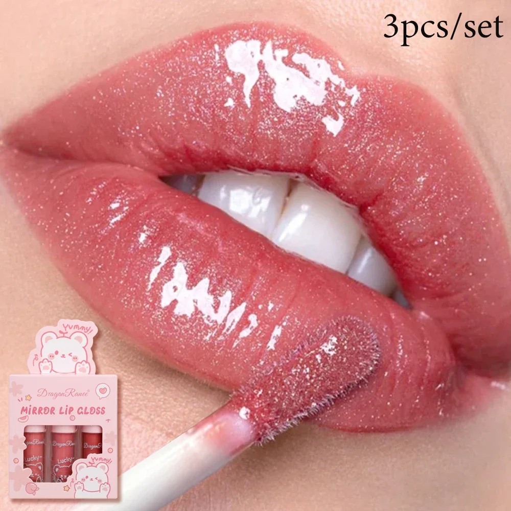 Dragon Ranee 3pcs/set Shiny Moisturizing Cartoon Lip Gloss Moisturizing Shine Long Lasting Natural Lipstick Beauty Makeup Tools