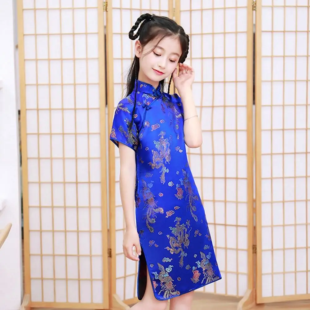 Dragon Phoenix Pattern Autumn Silk Niche Design Chinese Style Dress Girls Cheongsam Kids Traditional Dress Qipao Girls Skirt